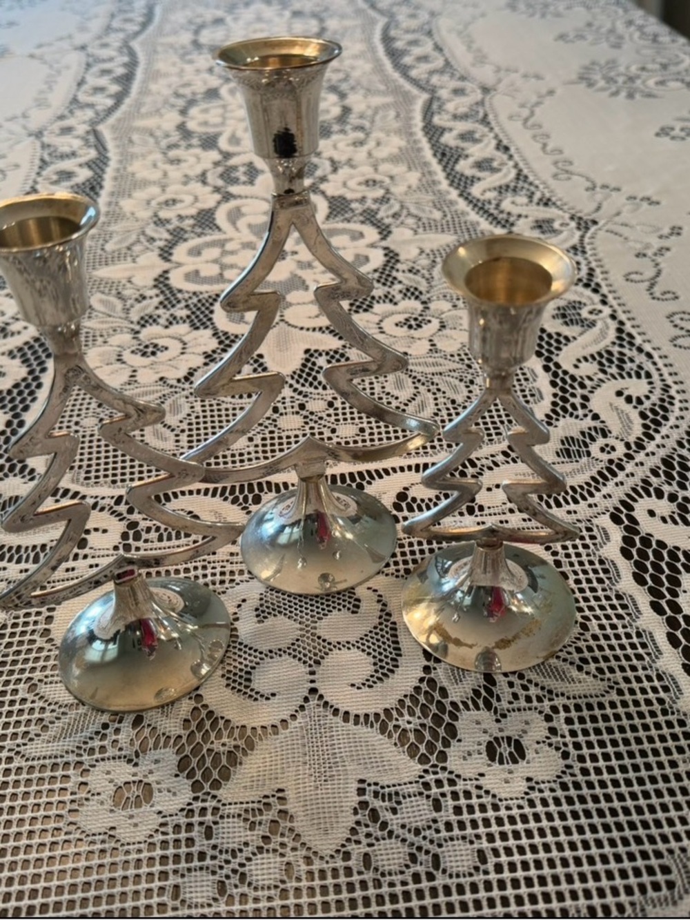 Vintage Internationl Silver Tree-Shaped Metal Candle Holders set of 3